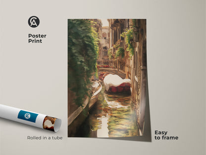 Poster print of a Venice canal art. This Italian cityscape artwork features a gondola boat. The traditional landscape print is easy to frame. Rolled in a tube for protection during shipping.