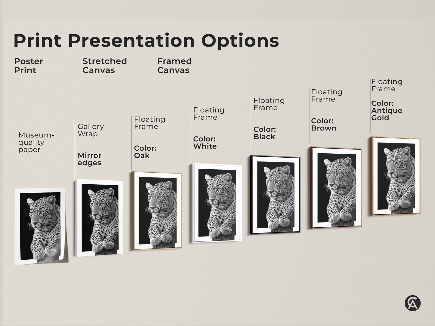 Explore print presentation options for monochrome leopard art. Discover poster prints or stretched canvas. Find framed canvas with black white oak brown or antique gold frames. Find your perfect style today!