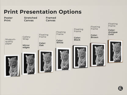 Explore print presentation options for monochrome leopard art. Discover poster prints or stretched canvas. Find framed canvas with black white oak brown or antique gold frames. Find your perfect style today!