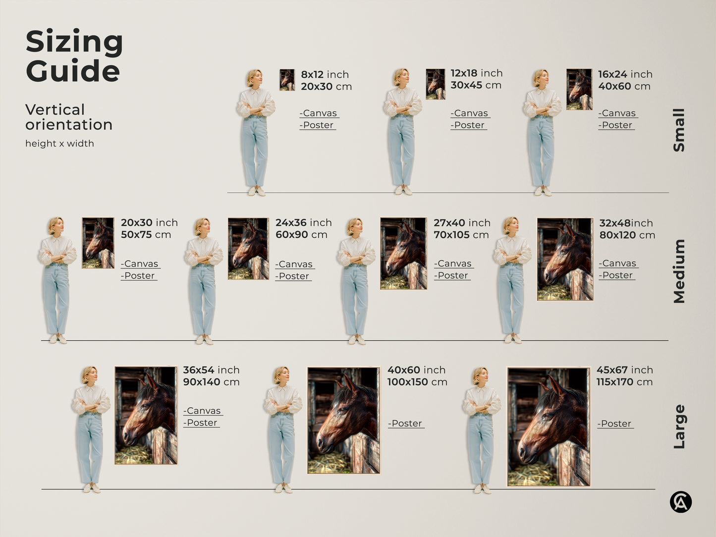 Sizing guide for horse art prints. Visualize different sizes from small to large on canvas and poster. Find the perfect fit for your space with this vertical orientation art.