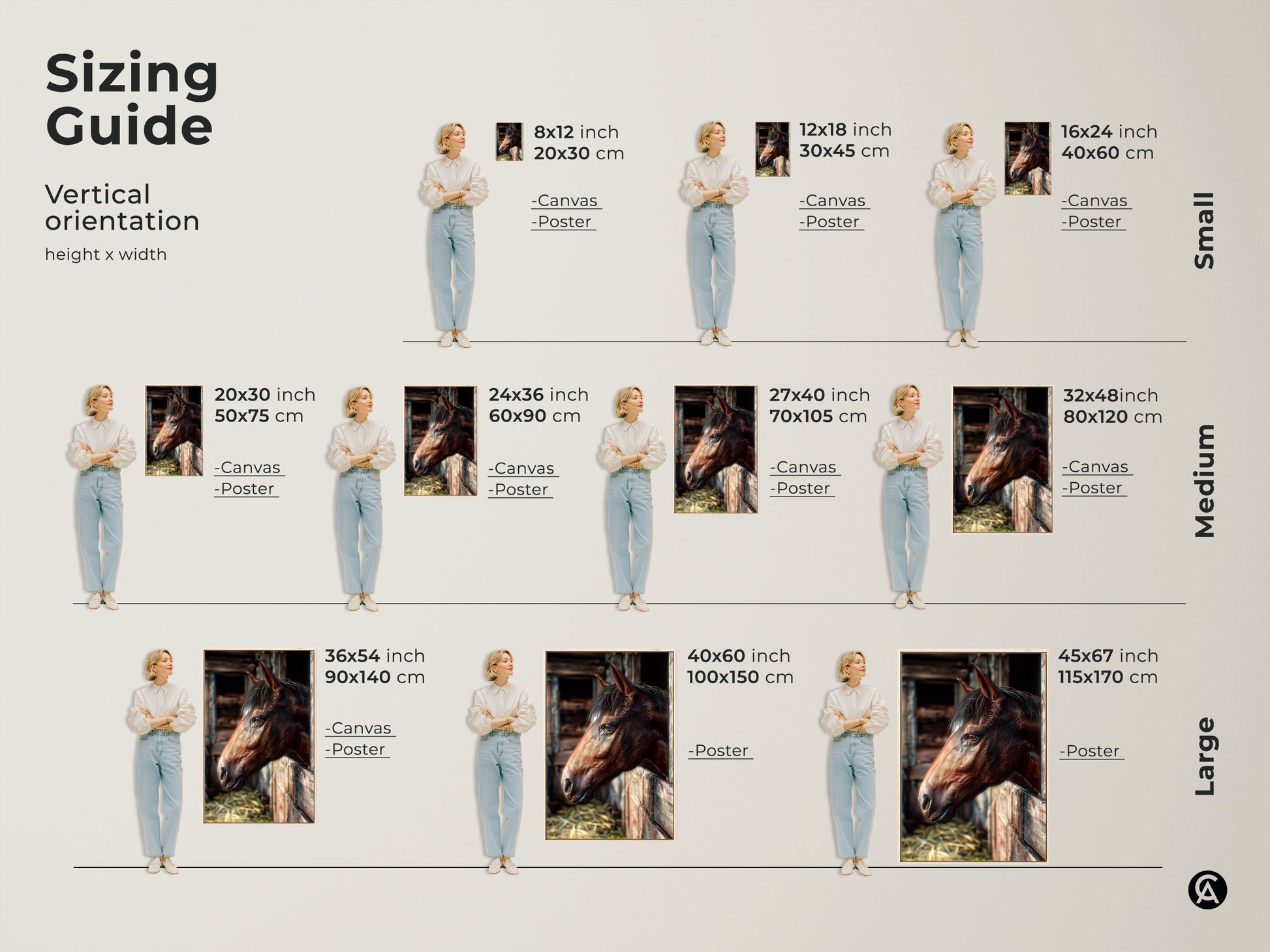 Sizing guide for horse art prints. Visualize different sizes from small to large on canvas and poster. Find the perfect fit for your space with this vertical orientation art.