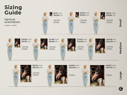 Sizing guide for horse art prints. Visualize different sizes from small to large on canvas and poster. Find the perfect fit for your space with this vertical orientation art.