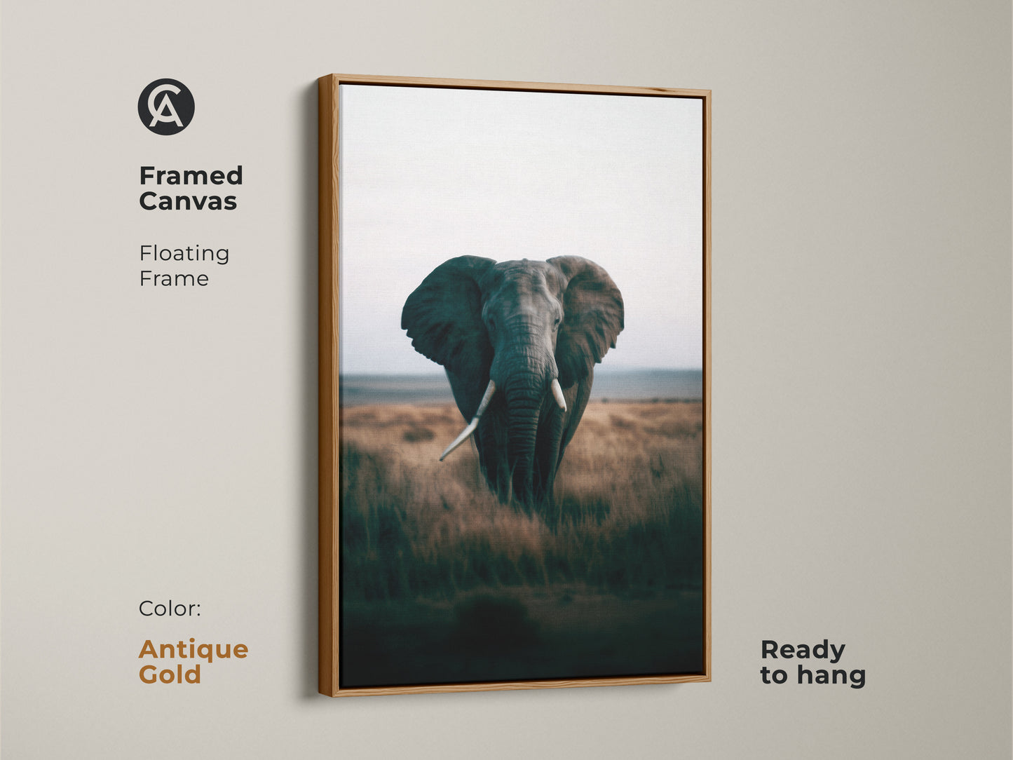 Elephant framed canvas in a floating antique gold frame. The wildlife artwork captures an African savanna nature scene. Ready to hang this animal portrait adds elegance to any room. The natural landscape print is perfect for contemporary homes. A stunning wall decor piece.
