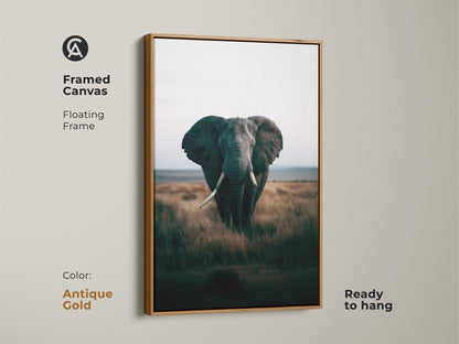 Elephant framed canvas in a floating antique gold frame. The wildlife artwork captures an African savanna nature scene. Ready to hang this animal portrait adds elegance to any room. The natural landscape print is perfect for contemporary homes. A stunning wall decor piece.
