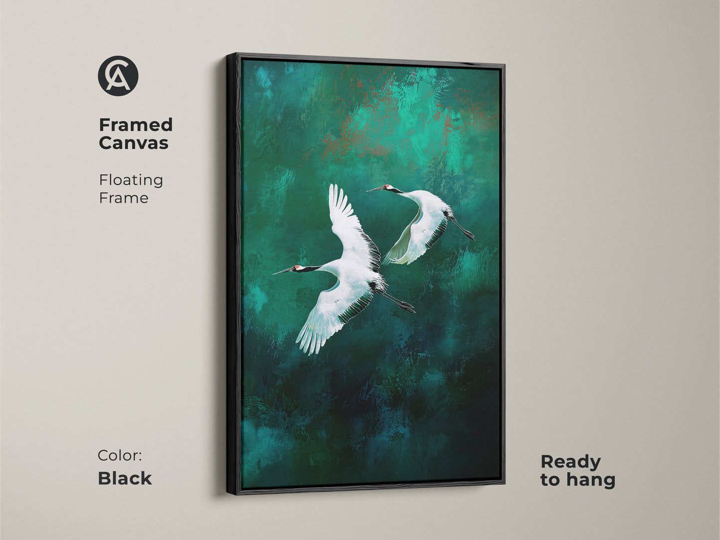 Framed canvas featuring elegant flying cranes. The floating frame in black enhances the emerald and teal abstract background. A sophisticated modern nature artwork ready to hang in your home.