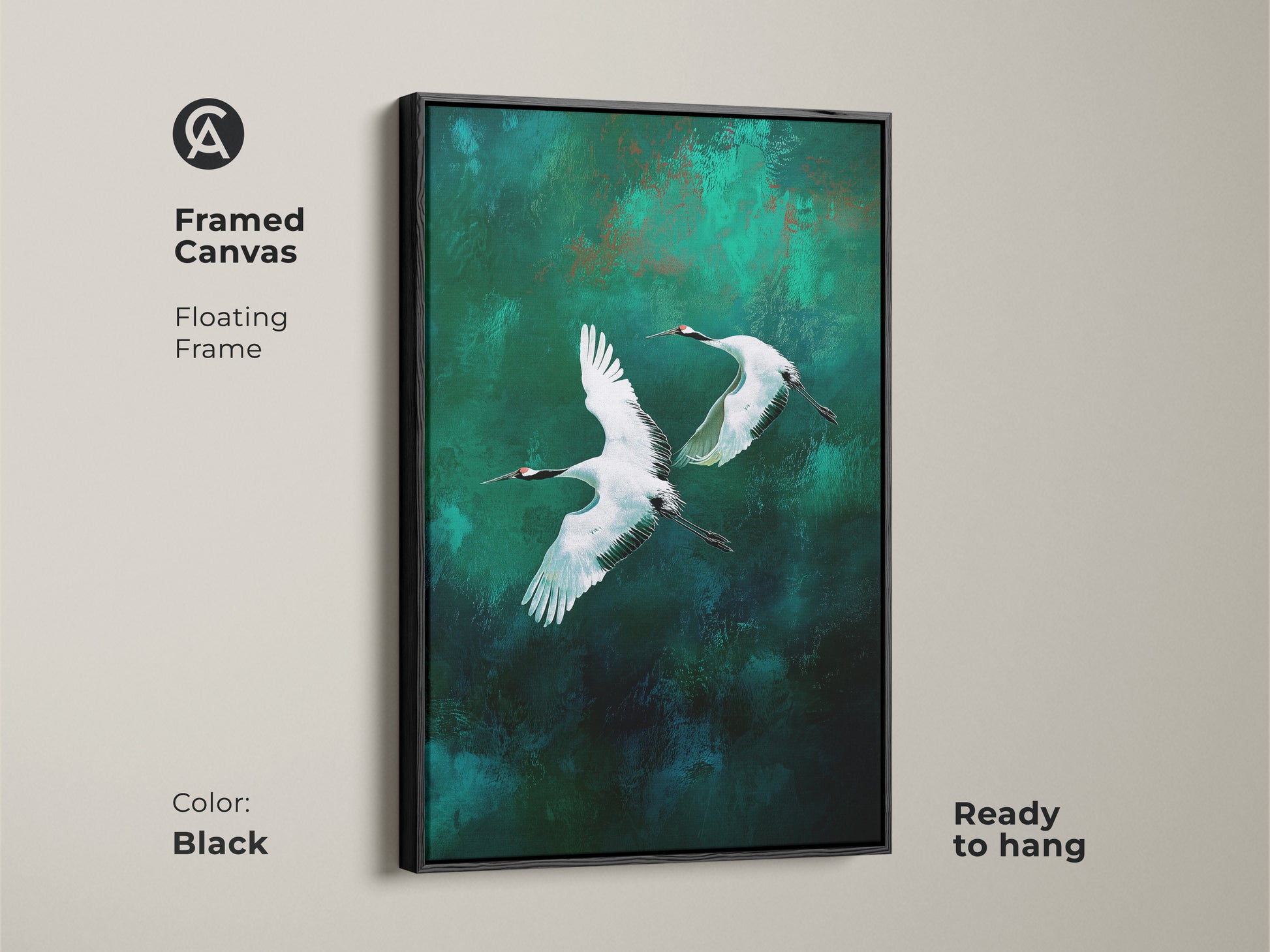Framed canvas featuring elegant flying cranes. The floating frame in black enhances the emerald and teal abstract background. A sophisticated modern nature artwork ready to hang in your home.