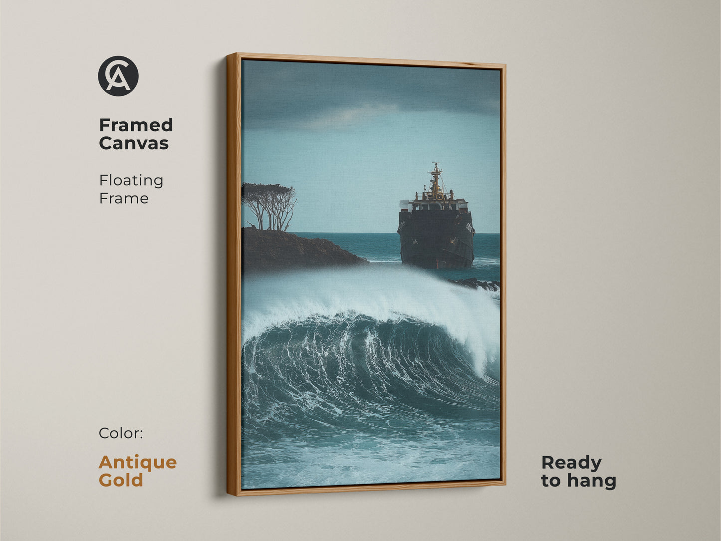 An antique gold framed canvas shows coastal shipwreck art. The deep blue and gray artwork captures a dramatic sea storm. This nautical ocean wall decor is ready to hang. It's a striking home accent.