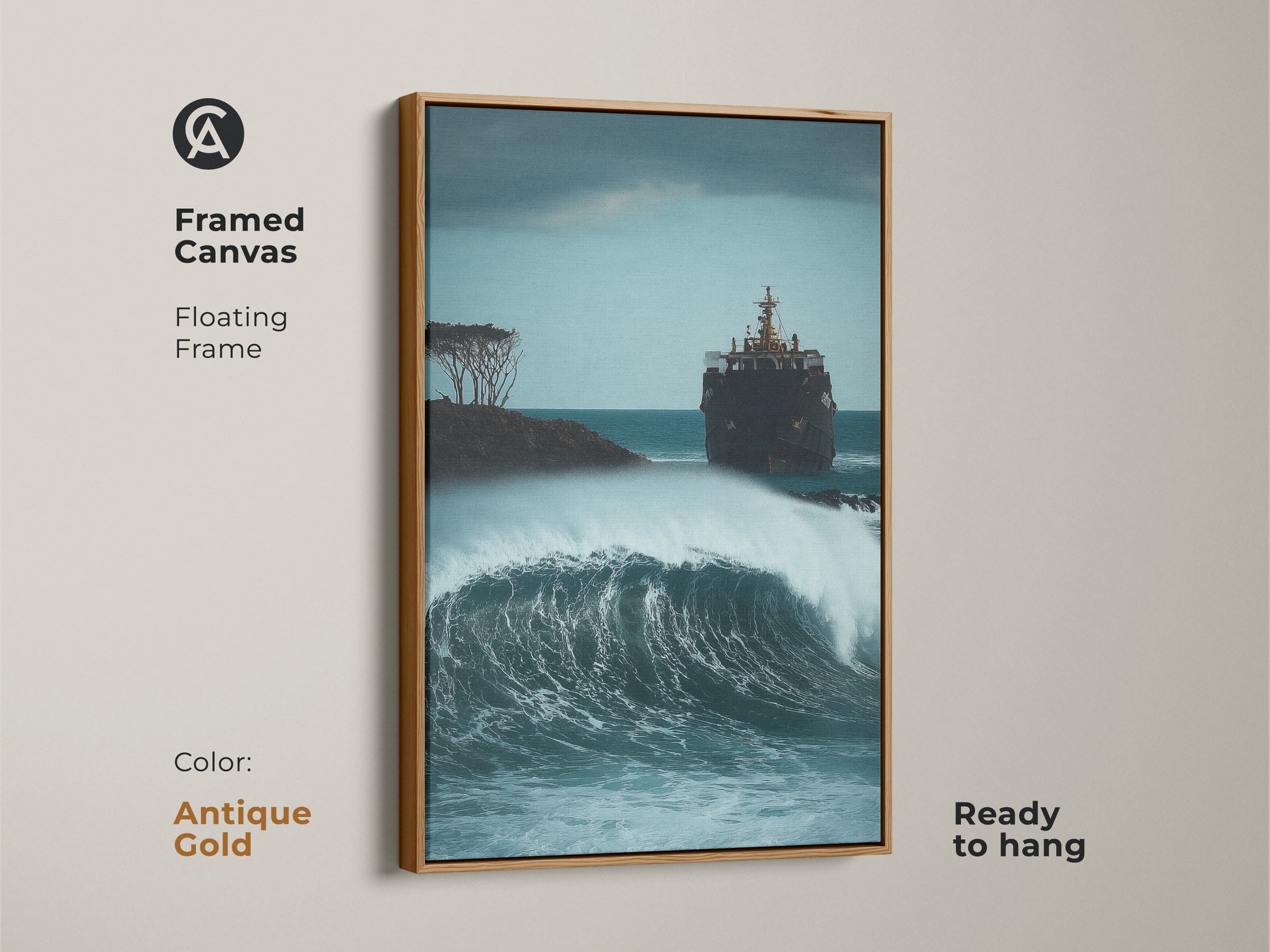 An antique gold framed canvas shows coastal shipwreck art. The deep blue and gray artwork captures a dramatic sea storm. This nautical ocean wall decor is ready to hang. It's a striking home accent.