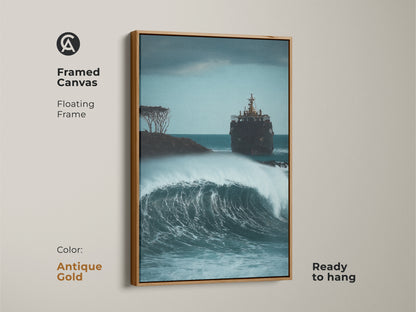 An antique gold framed canvas shows coastal shipwreck art. The deep blue and gray artwork captures a dramatic sea storm. This nautical ocean wall decor is ready to hang. It's a striking home accent.