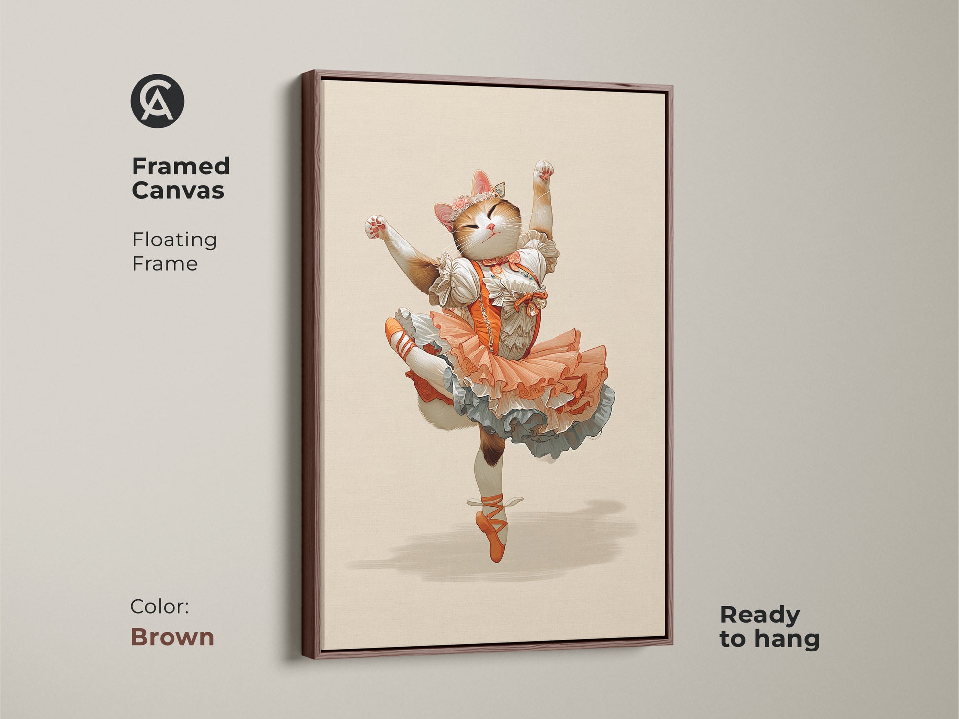 Framed canvas featuring an orange ballerina cat. The brown floating frame complements this whimsical fantasy cat art. This orange and white cat art adds a unique touch to any room. It's a perfect gift for cat lovers. The animal ballet dancer print is ready to hang.
