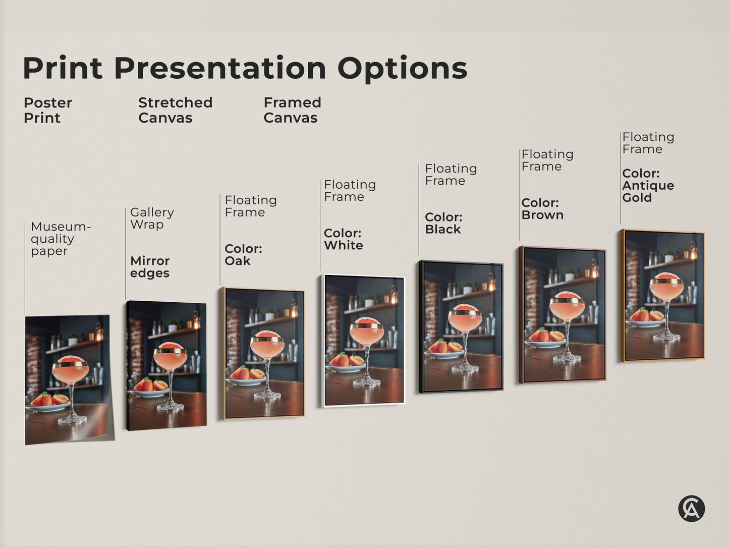 Explore print presentation options. See poster prints stretched canvas & framed canvas options. Choose the perfect medium for your grapefruit & peach cocktail artwork. Find the ideal fit for your Scandinavian bar decor or kitchen.