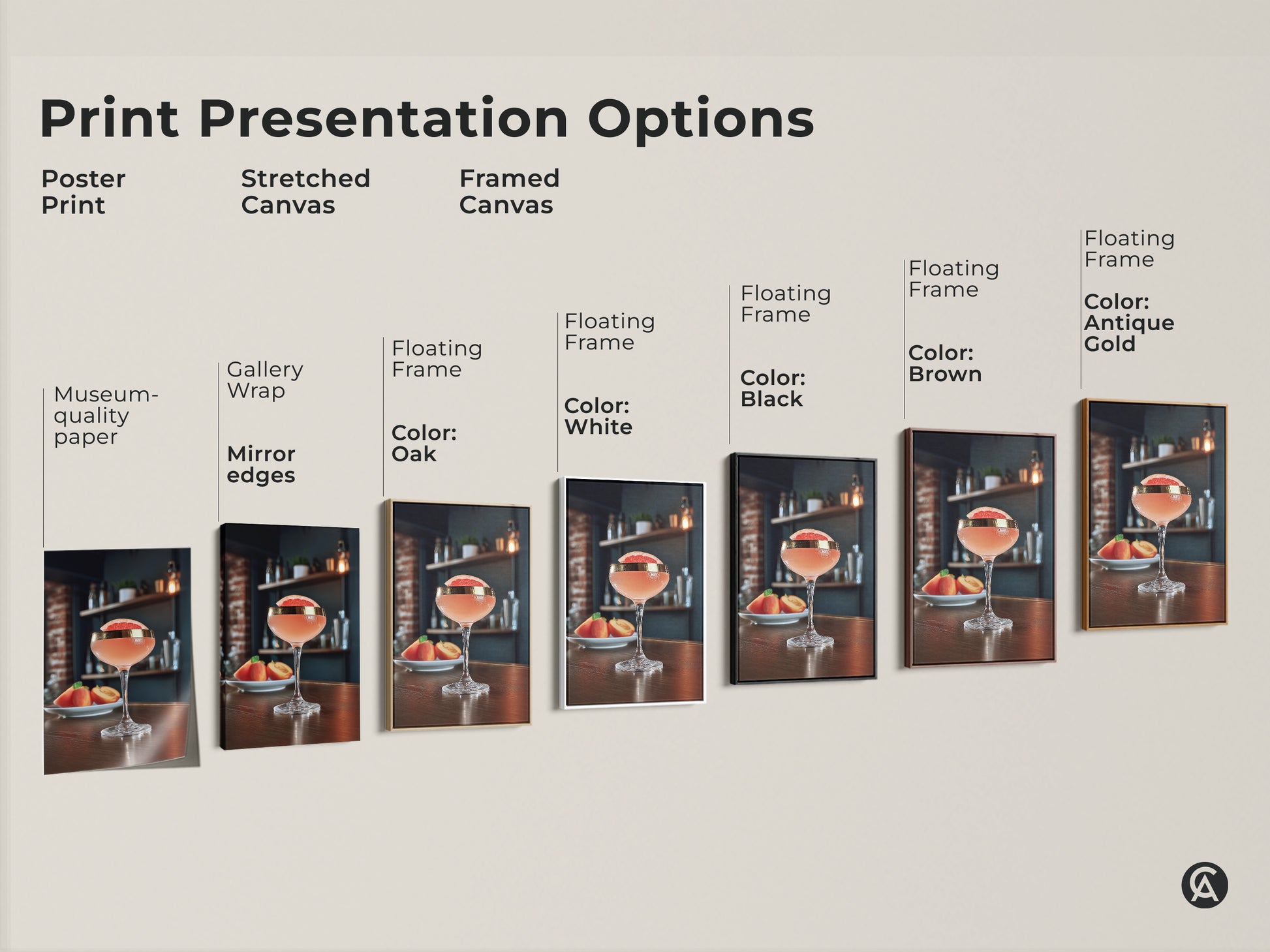 Explore print presentation options. See poster prints stretched canvas & framed canvas options. Choose the perfect medium for your grapefruit & peach cocktail artwork. Find the ideal fit for your Scandinavian bar decor or kitchen.