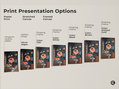 Explore print presentation options. See poster prints stretched canvas & framed canvas options. Choose the perfect medium for your grapefruit & peach cocktail artwork. Find the ideal fit for your Scandinavian bar decor or kitchen.