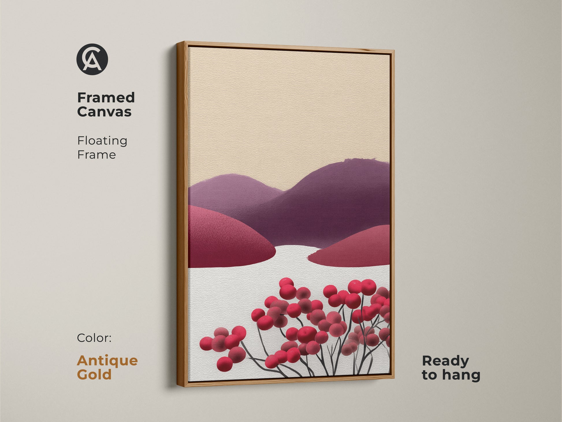 Antique gold framed canvas. It features an abstract landscape with berry hills. The minimalist folk art canvas has red purple and beige colors. This Scandinavian style decor is ready to hang.