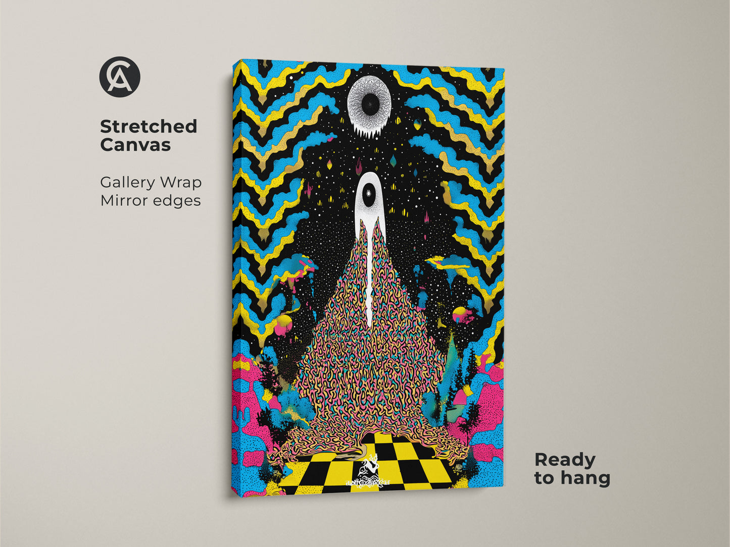 A stretched canvas gallery wrap shows psychedelic eye wall art. This surreal abstract canvas print has trippy blue and yellow hues. Eclectic black home decor shown is ready to hang. This modern surreal artwork is a statement piece.