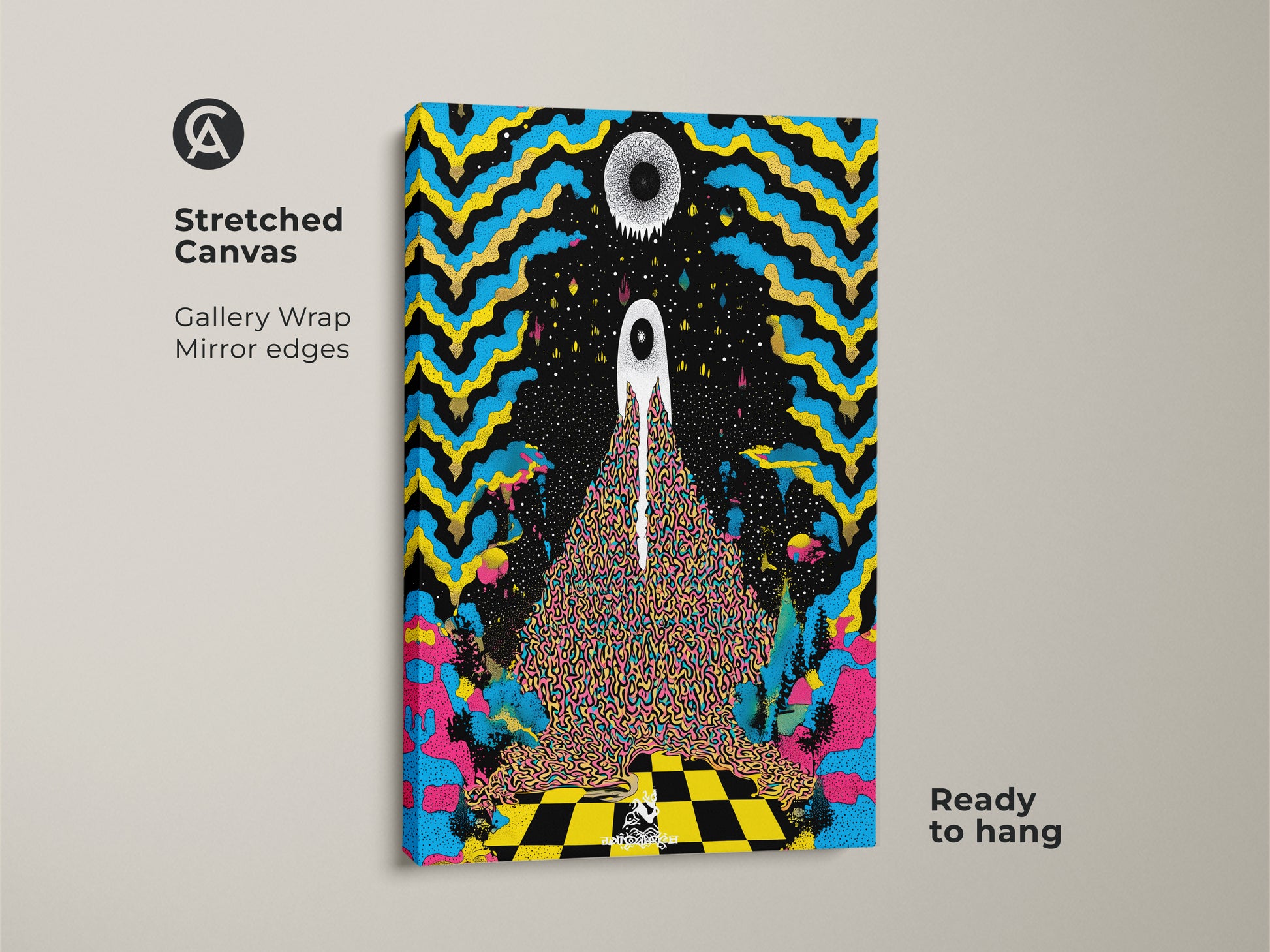 A stretched canvas gallery wrap shows psychedelic eye wall art. This surreal abstract canvas print has trippy blue and yellow hues. Eclectic black home decor shown is ready to hang. This modern surreal artwork is a statement piece.