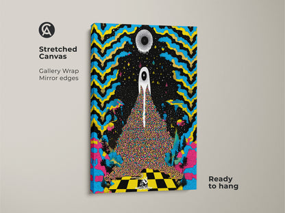 A stretched canvas gallery wrap shows psychedelic eye wall art. This surreal abstract canvas print has trippy blue and yellow hues. Eclectic black home decor shown is ready to hang. This modern surreal artwork is a statement piece.