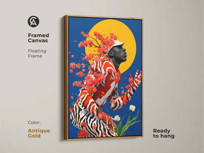 Framed canvas in antique gold with a floating frame displays surreal portrait wall art. The man and cherry blossoms against a blue and yellow sun give this art its modern eclectic look. With red orange and blue tones it is ready to hang as a unique gift.