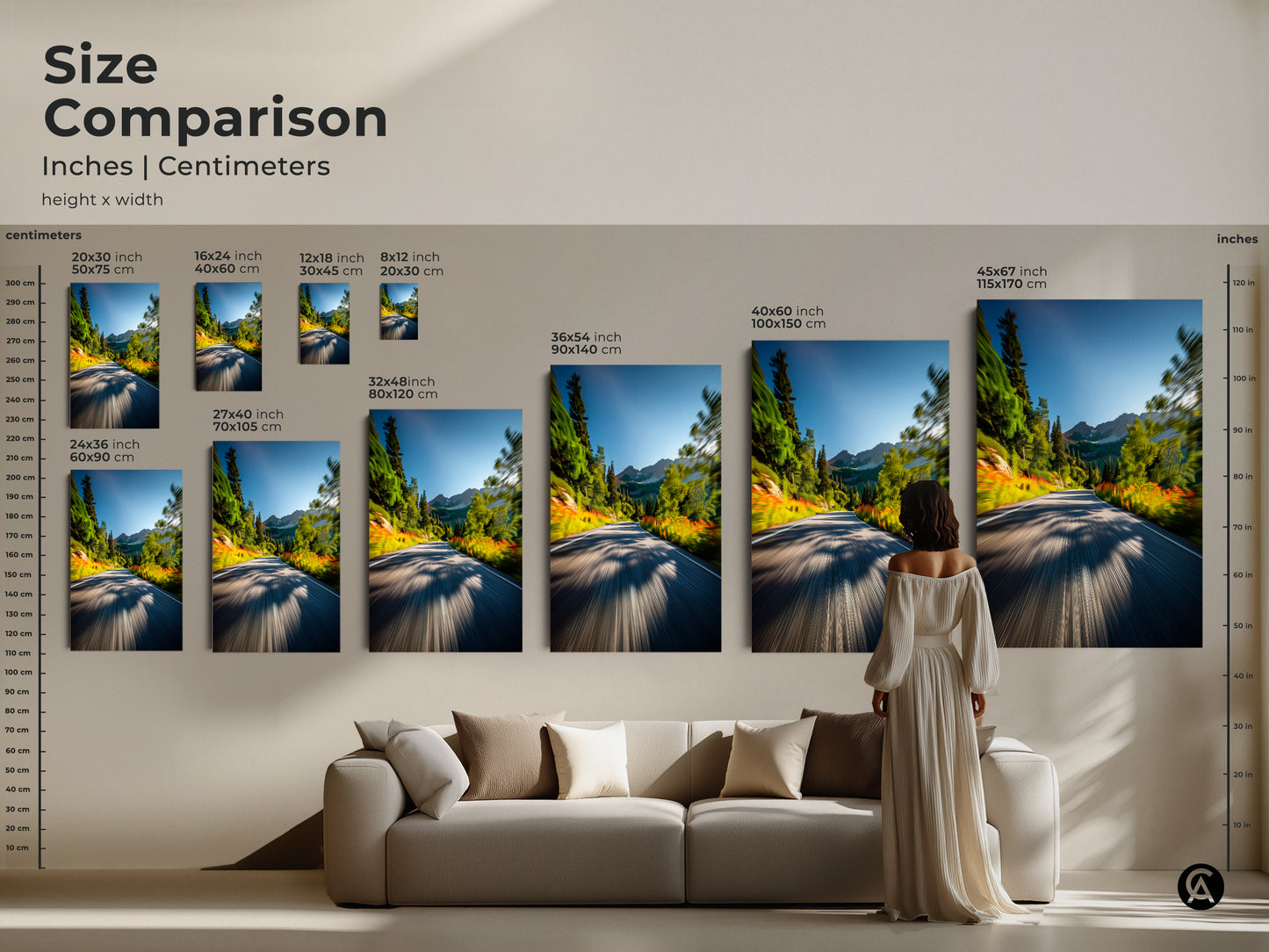 Size comparison of mountain road art. Visualize how different sizes fit your space. Featuring framed and canvas options. This artwork enhances your living room. Perfect for adding a touch of nature to your home.
