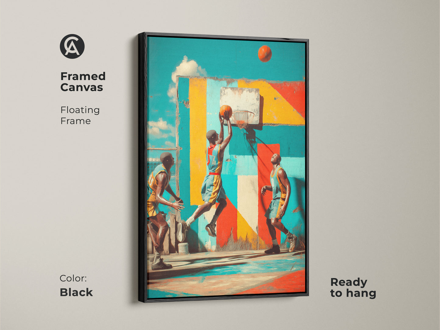 Enhance your space with this framed canvas of graffiti basketball art. The black floating frame adds a sleek touch to the vibrant teal yellow and red design. Ready to hang this art is perfect for a contemporary man cave or any sports lover's room.