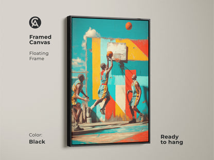Enhance your space with this framed canvas of graffiti basketball art. The black floating frame adds a sleek touch to the vibrant teal yellow and red design. Ready to hang this art is perfect for a contemporary man cave or any sports lover's room.