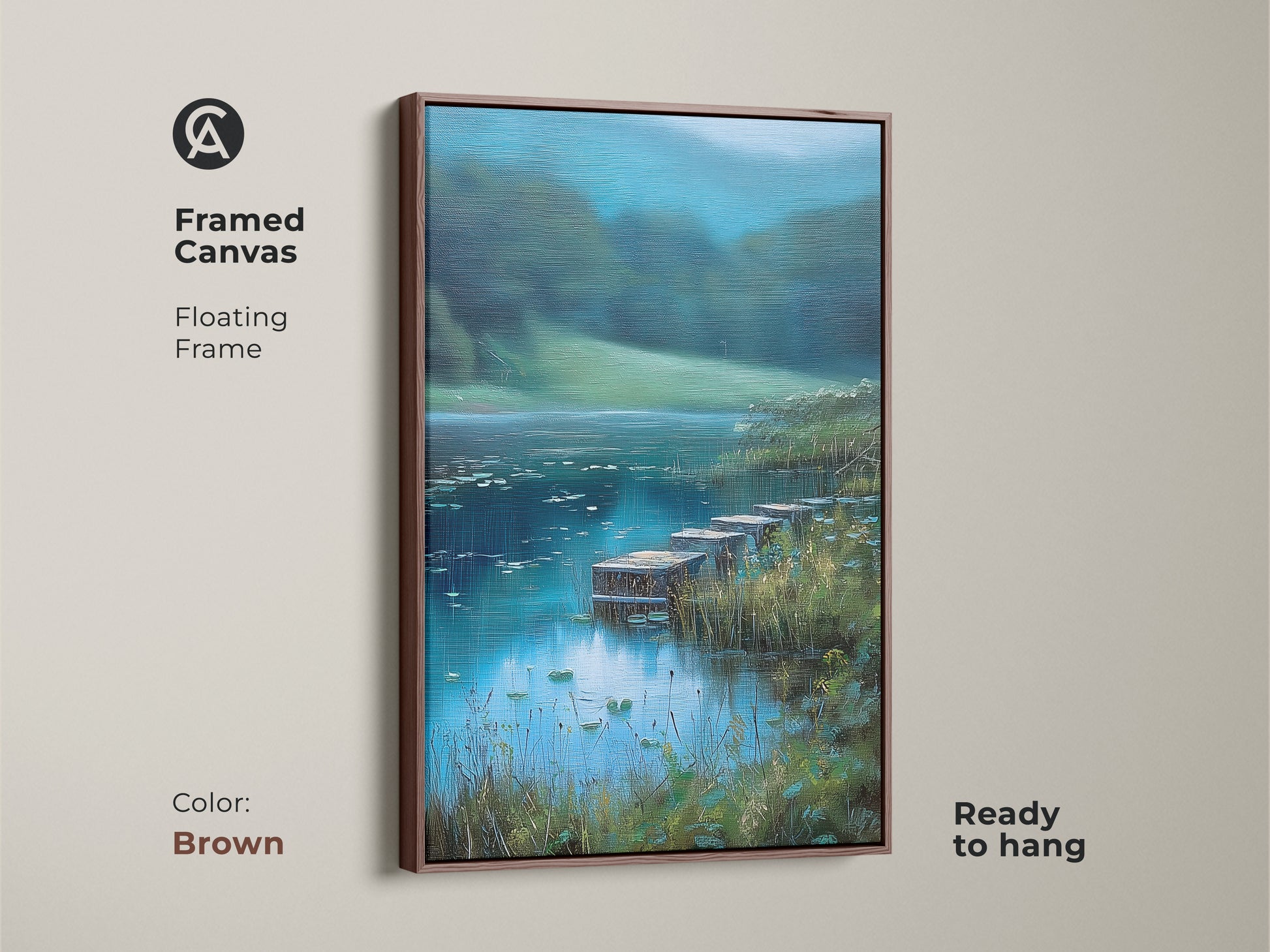 Framed canvas showcasing a teal blue green lake landscape artwork. Brown floating frame complements the rustic docks. Nature landscape artwork is ready to hang. Ideal for bedroom wall decor. A peaceful lake scene that brings tranquility to any space.