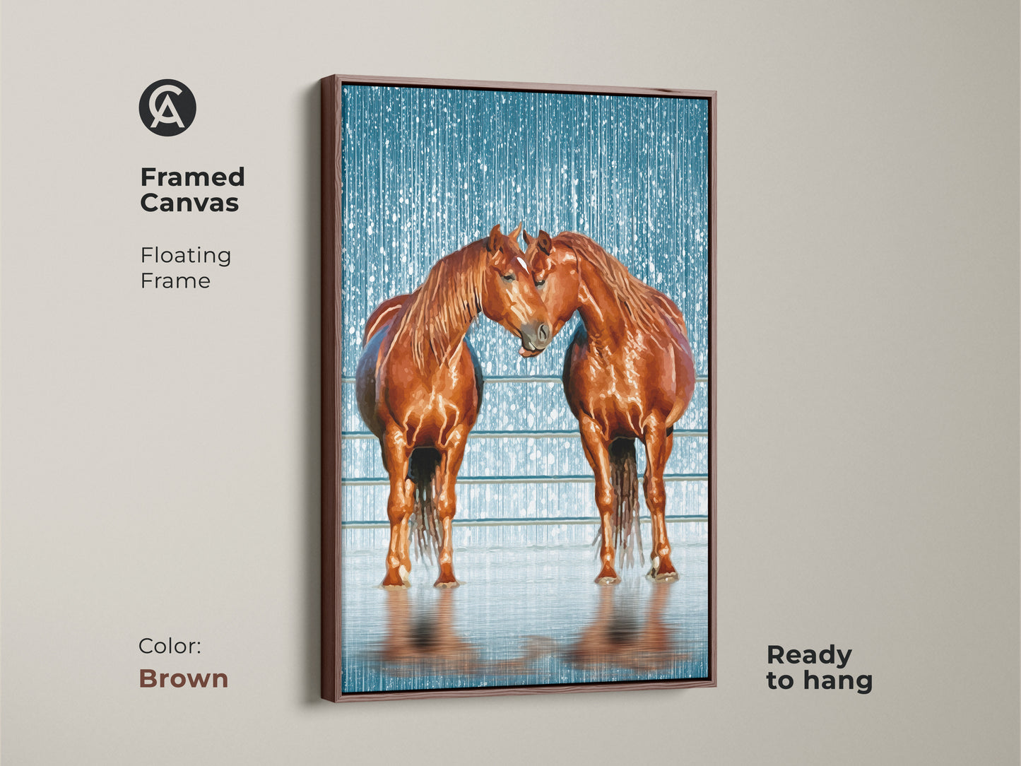 This framed canvas features two brown horses in a beautiful artwork. The rustic equestrian decor is accentuated by a brown floating frame. Ready to hang this canvas print with its textured blue backdrop adds natural charm. The perfect gift for horse enthusiasts.