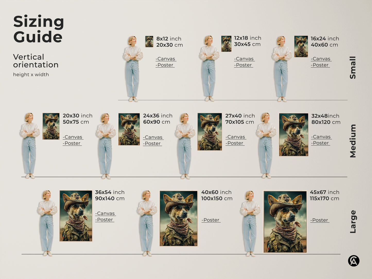 Find the perfect size with this cowboy dog artwork size guide. The print is available as canvas or poster. See it in various sizes for small medium and large walls. Add a unique pet portrait to any room. Great gift for dog lovers.