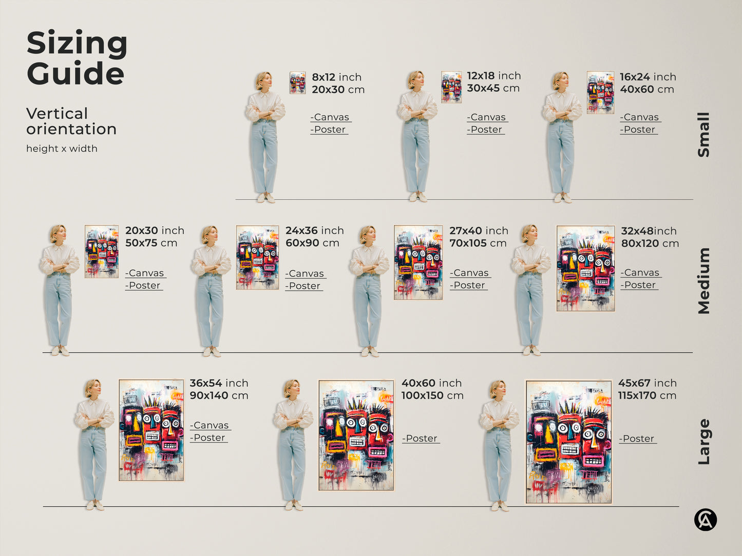 Sizing guide for our vertical tribal faces artwork. Visualize the perfect fit for your space. Available in small medium and large sizes. Transform your home with this unique art today.