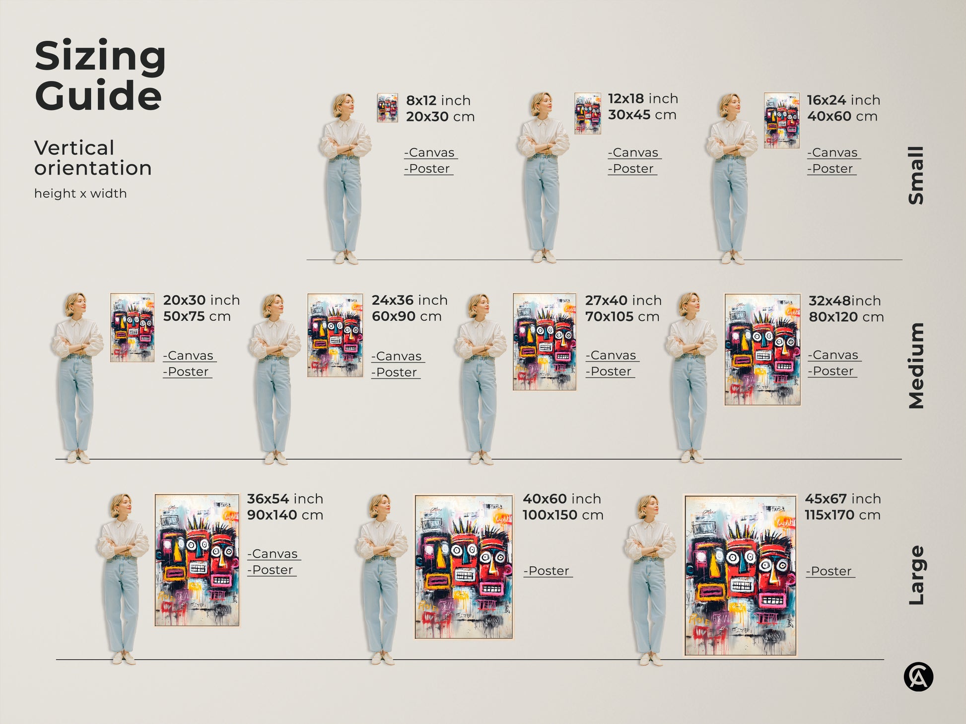 Sizing guide for our vertical tribal faces artwork. Visualize the perfect fit for your space. Available in small medium and large sizes. Transform your home with this unique art today.