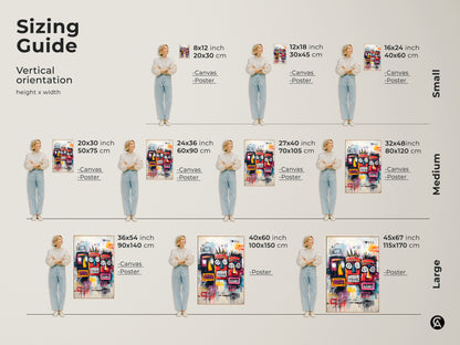 Sizing guide for our vertical tribal faces artwork. Visualize the perfect fit for your space. Available in small medium and large sizes. Transform your home with this unique art today.