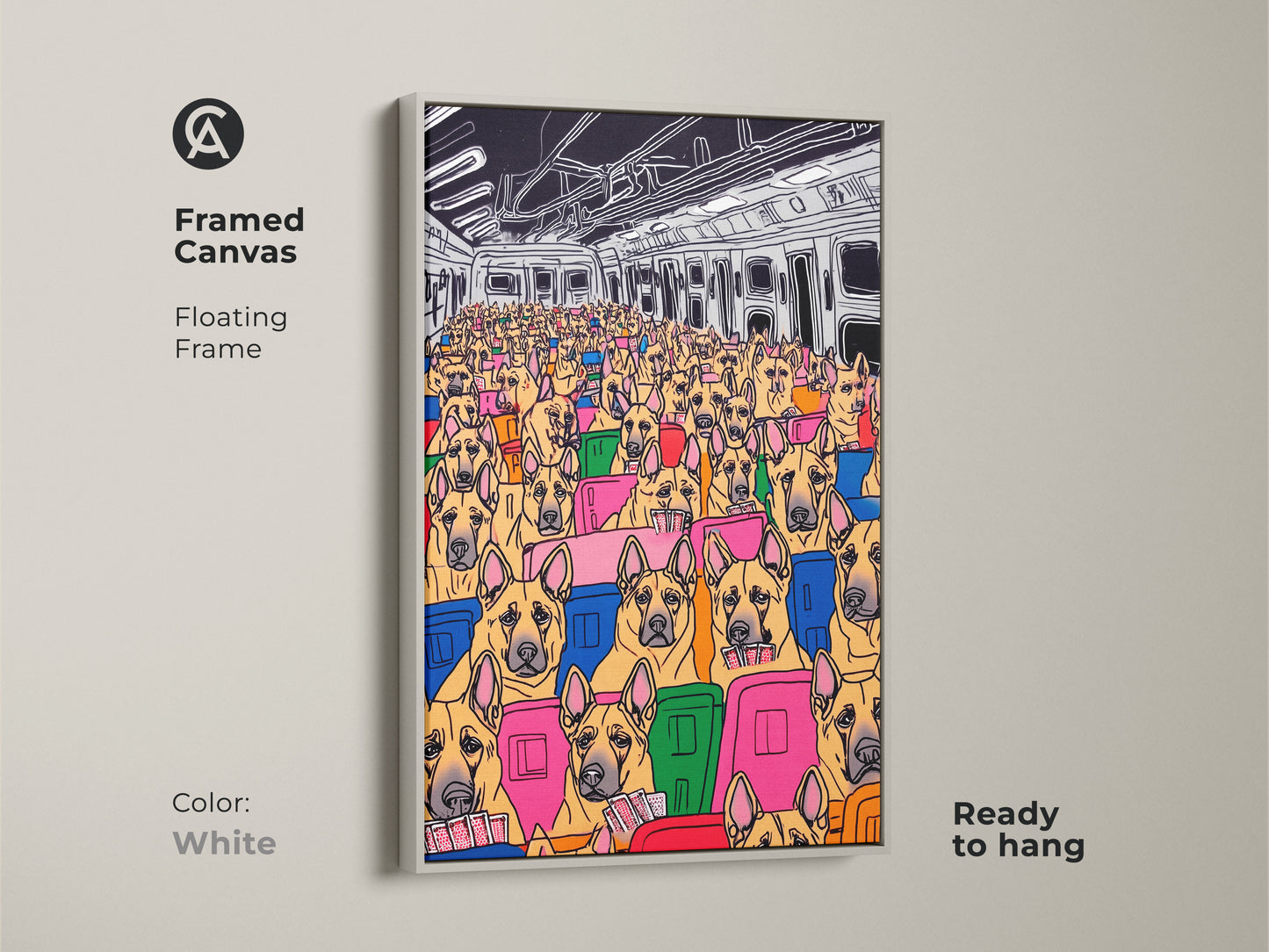 This framed canvas showcases cartoon dogs commuting on a subway. This artwork is encased in a clean white floating frame and ready to hang. It brings an eclectic and humorous touch to any room. A great piece for dog lovers.