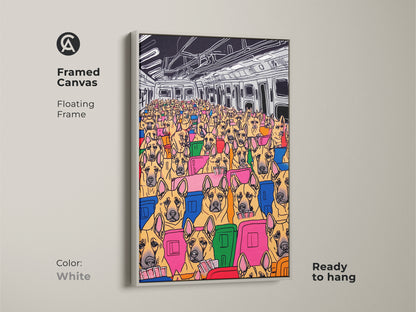 This framed canvas showcases cartoon dogs commuting on a subway. This artwork is encased in a clean white floating frame and ready to hang. It brings an eclectic and humorous touch to any room. A great piece for dog lovers.
