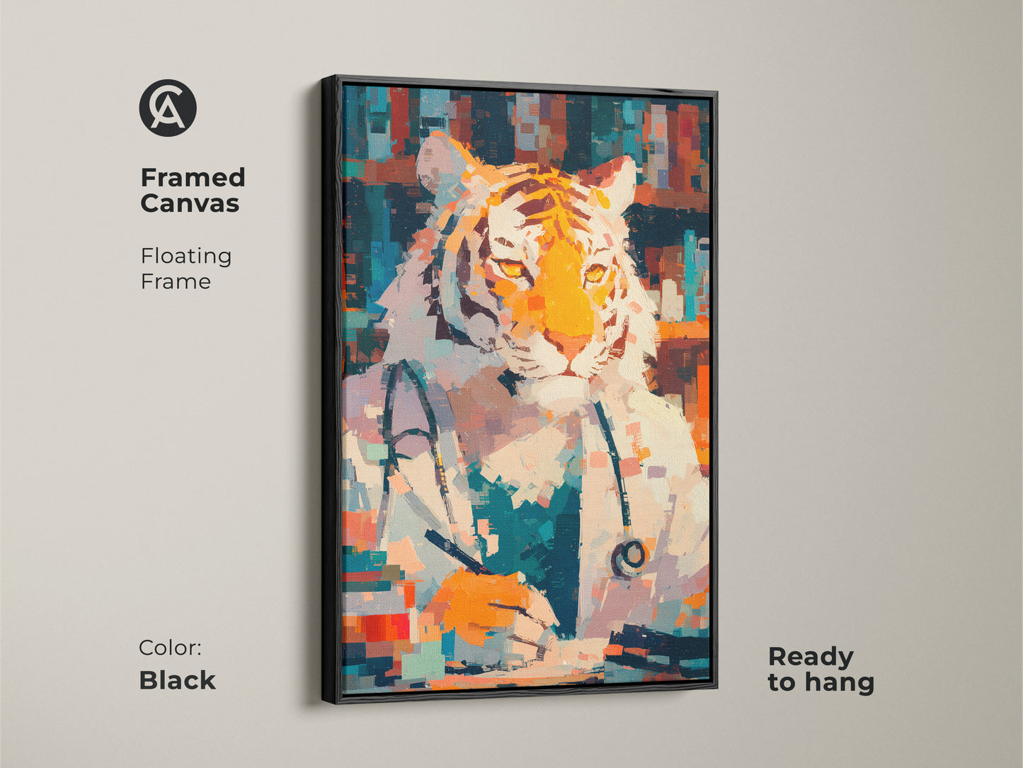 Framed canvas featuring a tiger doctor with a black floating frame. This ready-to-hang piece adds sophistication to any space. The unique artwork combines wildlife and profession. Enhance your decor with this elegant framed canvas. Perfect for offices or living rooms.