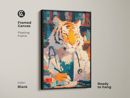 Framed canvas featuring a tiger doctor with a black floating frame. This ready-to-hang piece adds sophistication to any space. The unique artwork combines wildlife and profession. Enhance your decor with this elegant framed canvas. Perfect for offices or living rooms.