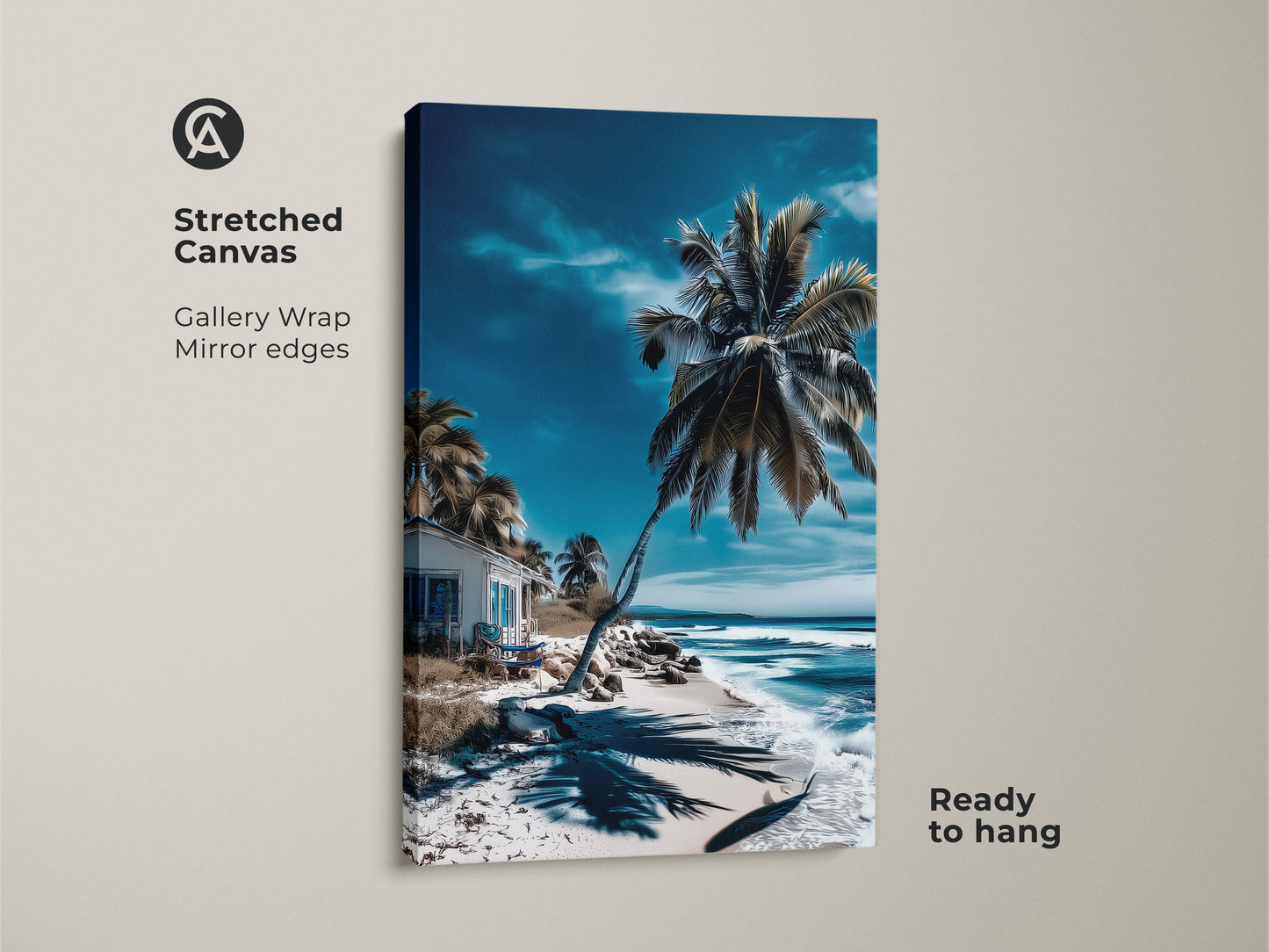 Stretched canvas art showcasing a vibrant beach scene. The gallery wrapped canvas features a mirror edge. The artwork captures a turquoise ocean and a quaint beach house under a palm tree. Ready to hang.