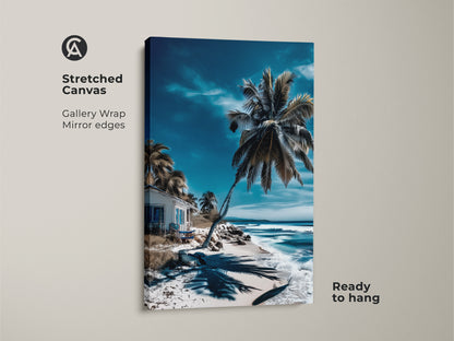 Stretched canvas art showcasing a vibrant beach scene. The gallery wrapped canvas features a mirror edge. The artwork captures a turquoise ocean and a quaint beach house under a palm tree. Ready to hang.