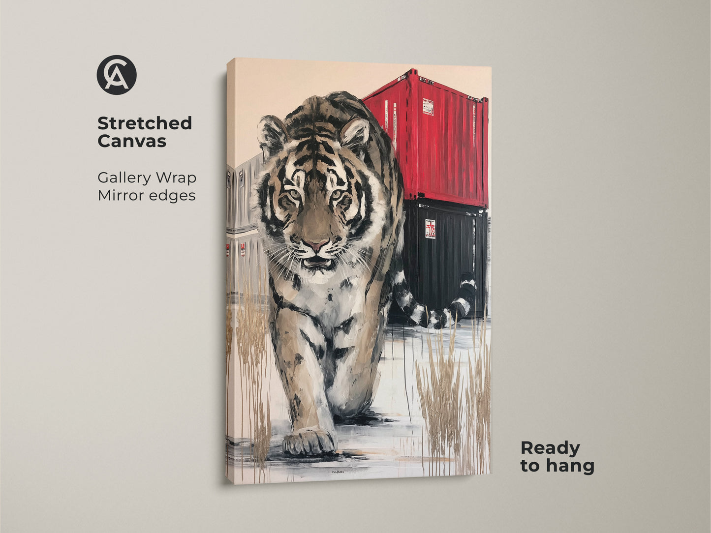 Stretched canvas gallery wrap featuring a tiger. This modern wildlife art is printed with mirror edges. A ready-to-hang animal canvas brings a touch of contemporary and bold style to your living space or office decor.