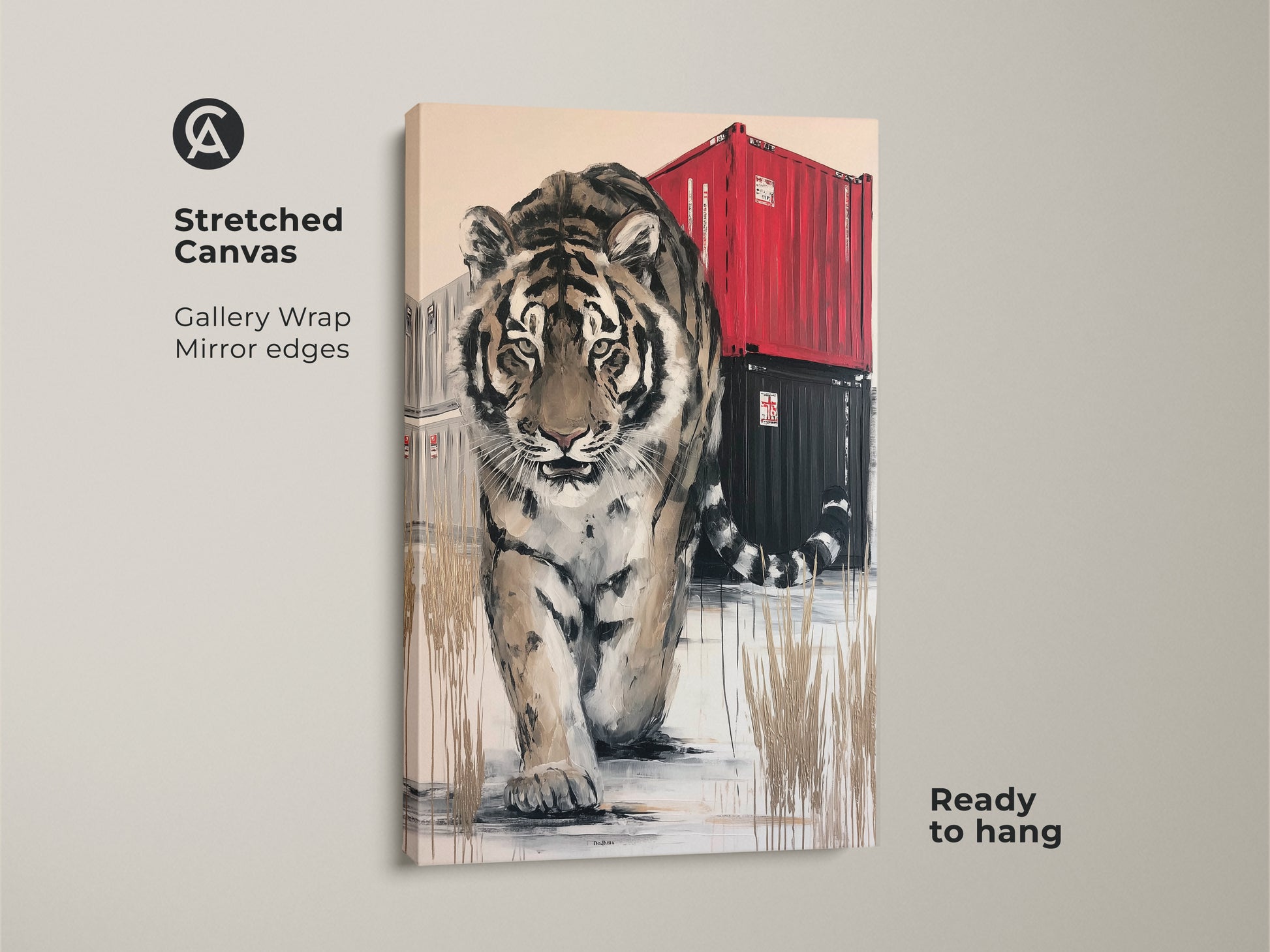 Stretched canvas gallery wrap featuring a tiger. This modern wildlife art is printed with mirror edges. A ready-to-hang animal canvas brings a touch of contemporary and bold style to your living space or office decor.
