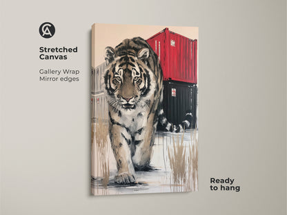 Stretched canvas gallery wrap featuring a tiger. This modern wildlife art is printed with mirror edges. A ready-to-hang animal canvas brings a touch of contemporary and bold style to your living space or office decor.