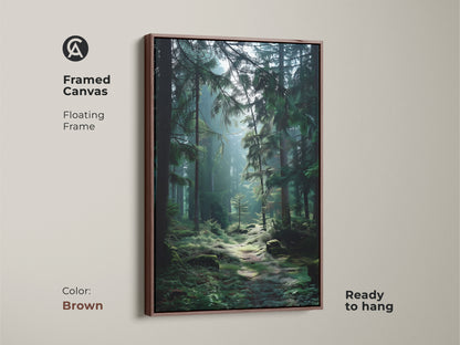 Brown framed canvas displays a pine tree landscape canvas. Floating frame highlights a foggy woods wall decor. This serene forest scene is ready to hang. Perfect as outdoor nature artwork.