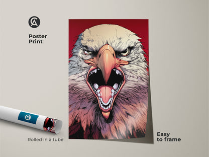 Fierce Eagle poster Print in a dynamic comic style. The wildlife art is perfect as a patriot gift. This modern animal artwork is ideal for adding to your man cave or office decor. Easy to frame.