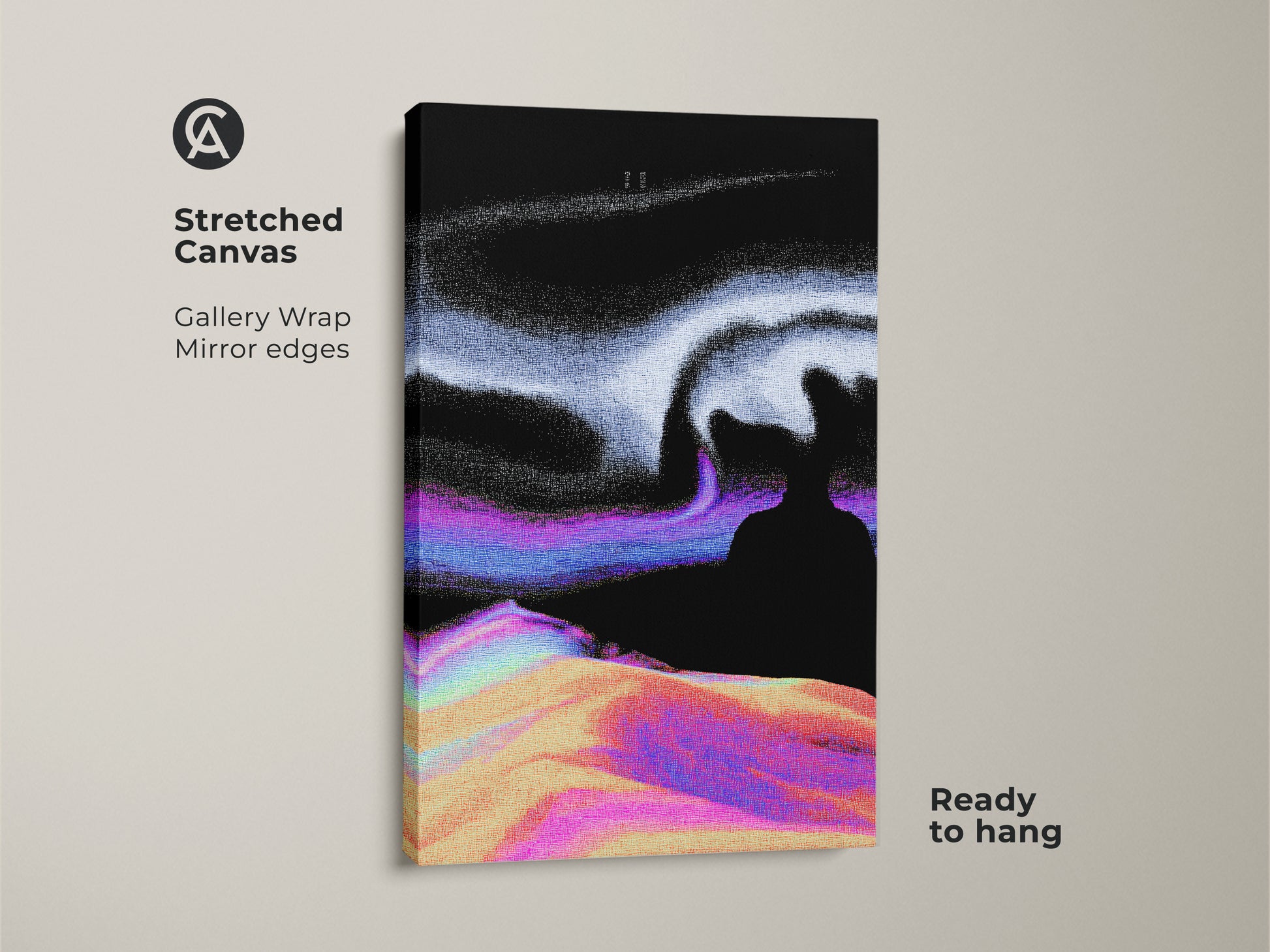 Stretched canvas featuring abstract glitch art print. This surreal landscape canvas showcases a vaporwave digital art feel. The black purple and white art adds an eclectic touch to any room. It is ready to hang and perfect as poster art for the bedroom or as a unique wall hanging.