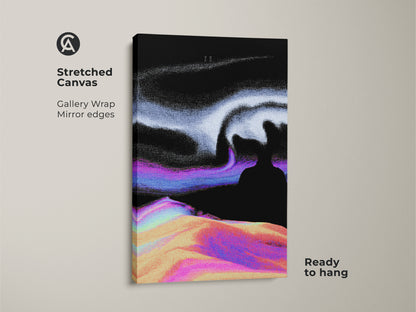 Stretched canvas featuring abstract glitch art print. This surreal landscape canvas showcases a vaporwave digital art feel. The black purple and white art adds an eclectic touch to any room. It is ready to hang and perfect as poster art for the bedroom or as a unique wall hanging.