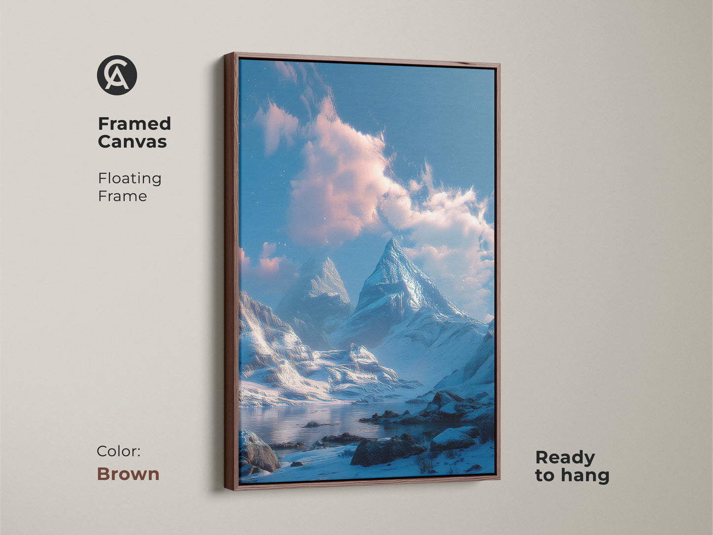 Framed canvas print of a winter mountain landscape with a floating frame. The brown frame complements the serene artwork of snow-covered mountains and reflective lake. Ready to hang this piece adds a warm touch to any room.