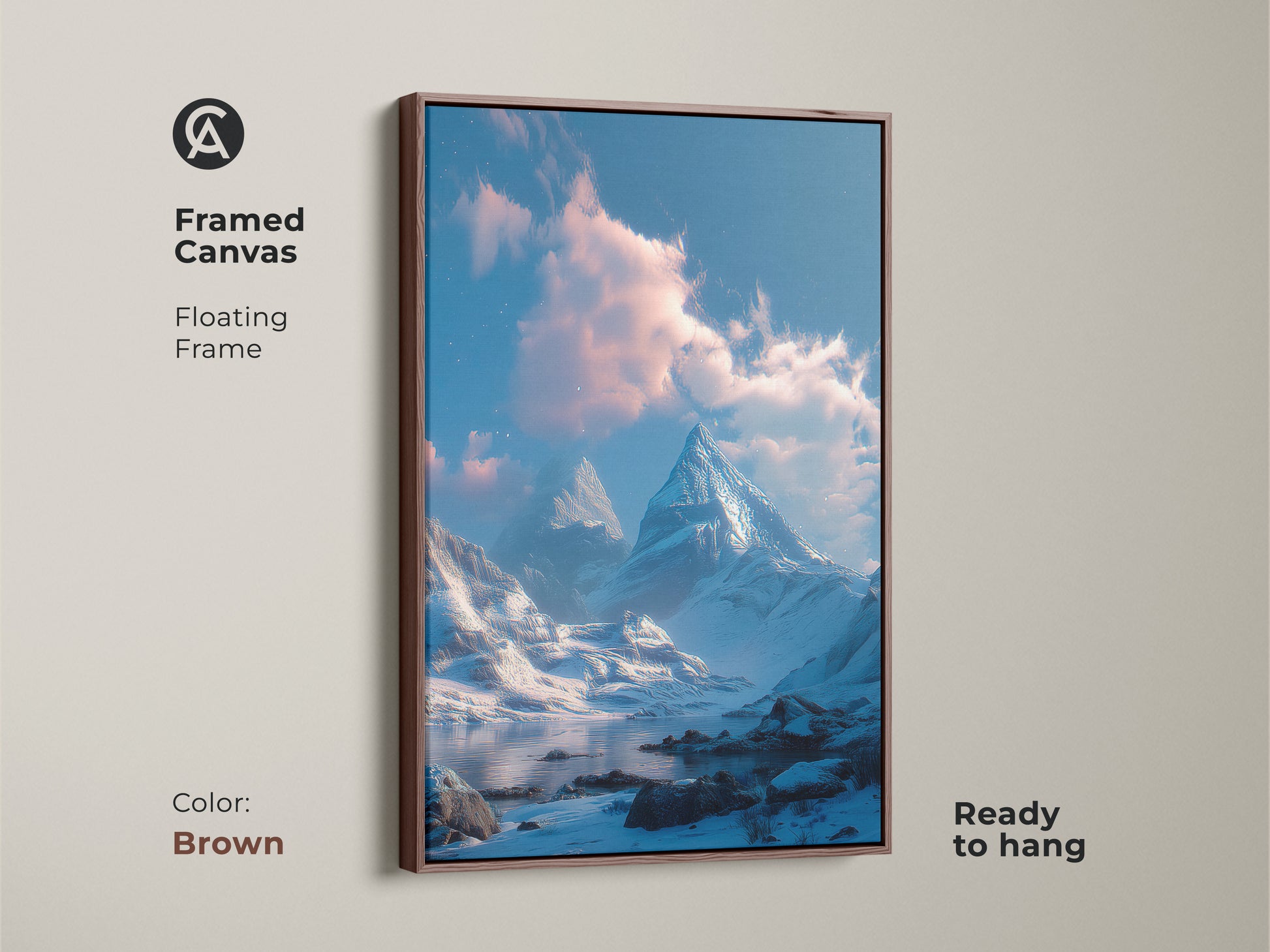 Framed canvas print of a winter mountain landscape with a floating frame. The brown frame complements the serene artwork of snow-covered mountains and reflective lake. Ready to hang this piece adds a warm touch to any room.