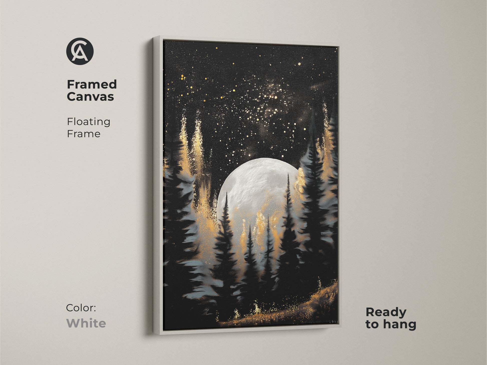 Our framed canvas art features a captivating moonlit pine forest. The floating frame is in white. It offers a clean and modern look. The celestial night sky and gold accents create a magical ambiance. It enhances any space with its unique home wall art.