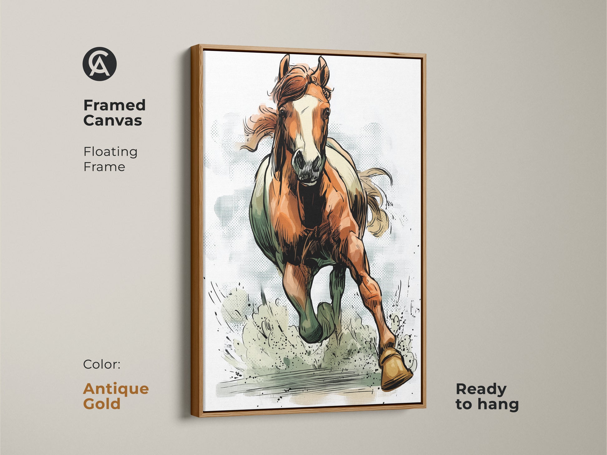 Framed Canvas features rustic horse art print. The equestrian wall decor includes a running wildlife animal painting. This orange brown artwork is ready to hang in an antique gold floating frame. The dynamic horse painting adds energy to any room. A great gift for horse lovers.