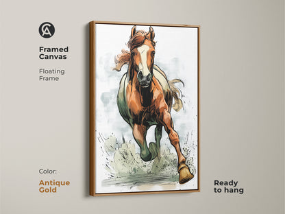 Framed Canvas features rustic horse art print. The equestrian wall decor includes a running wildlife animal painting. This orange brown artwork is ready to hang in an antique gold floating frame. The dynamic horse painting adds energy to any room. A great gift for horse lovers.