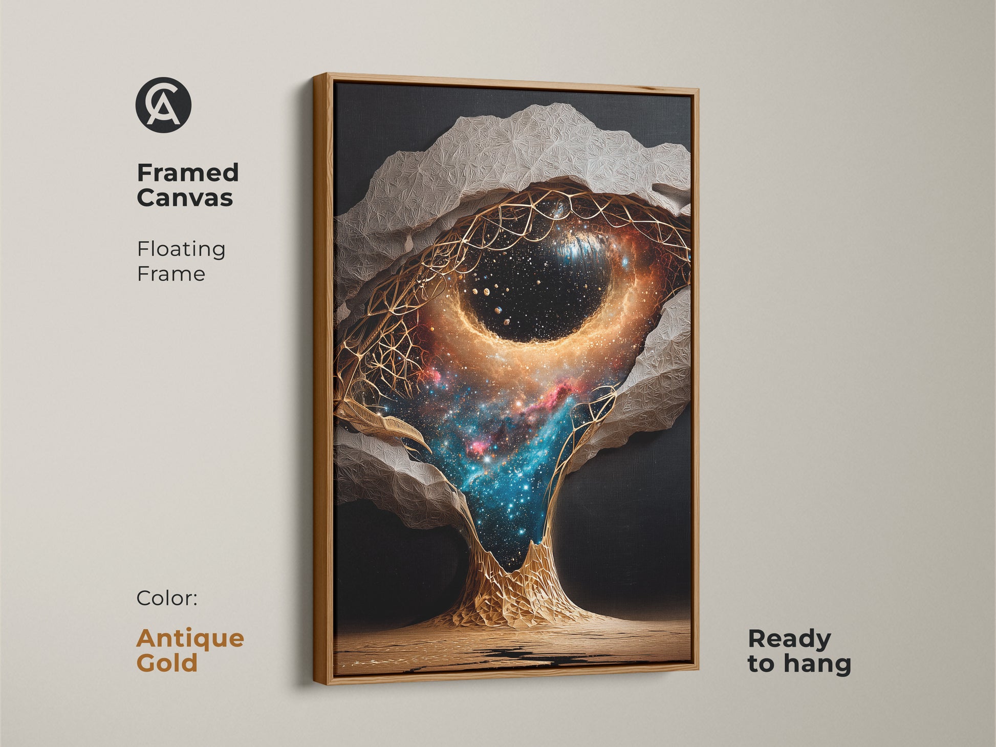 Framed canvas art with an antique gold floating frame. The celestial nebula canvas makes modern eclectic wall art. Hang this abstract cosmic landscape for unique abstract painting. Ideal home office space decor.